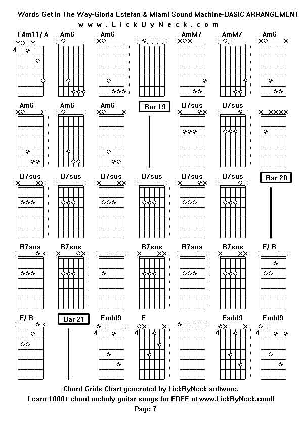 Chord Grids Chart of chord melody fingerstyle guitar song-Words Get In The Way-Gloria Estefan & Miami Sound Machine-BASIC ARRANGEMENT,generated by LickByNeck software.